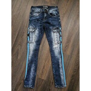 Decibel Jeans Men’s Sz 28x31 (26x30.5) Distressed Blue White Side Stripes Grunge
